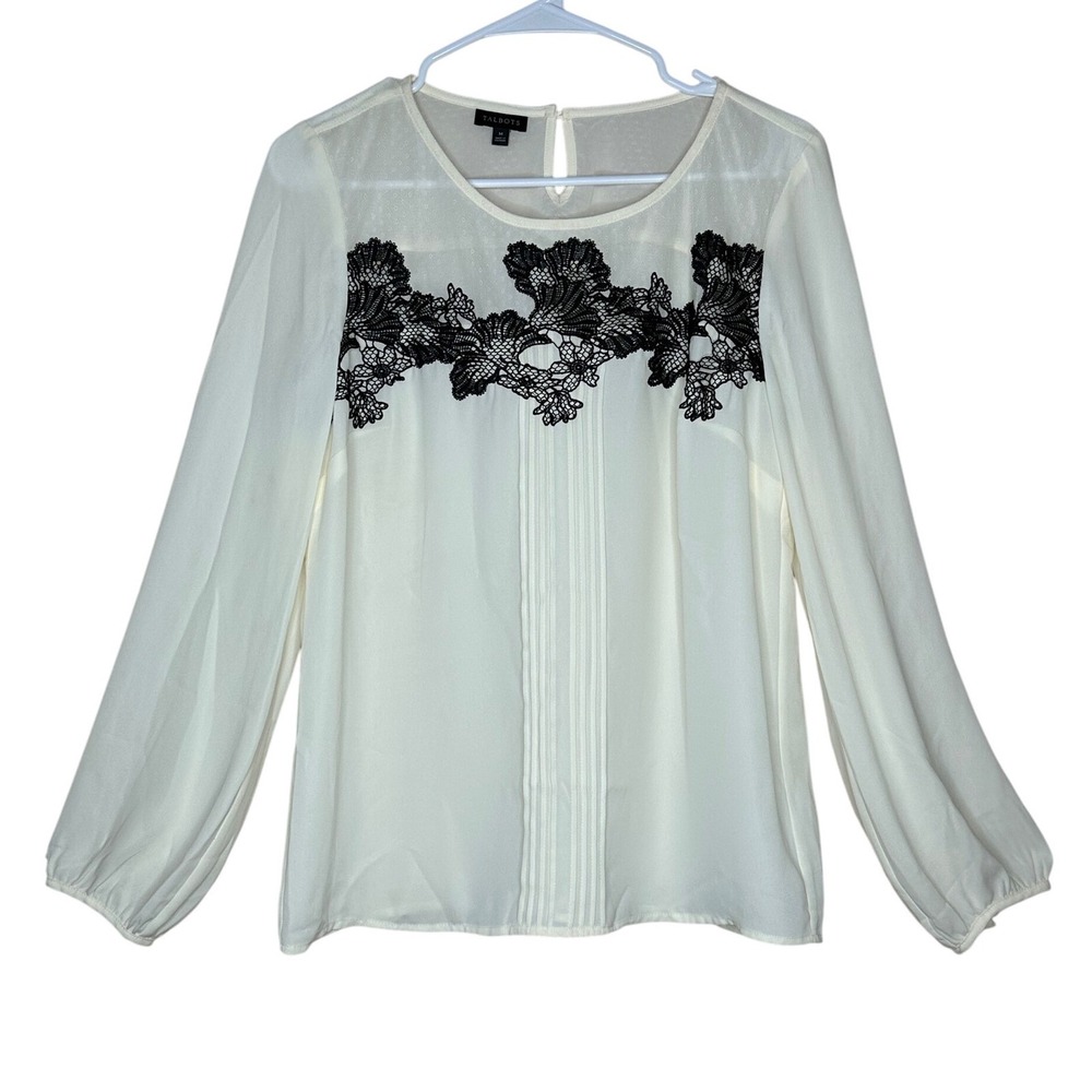 Talbots Cream Long Sleeve Blouse Black Lace‎ Detail Women's M Elegant boho Chic